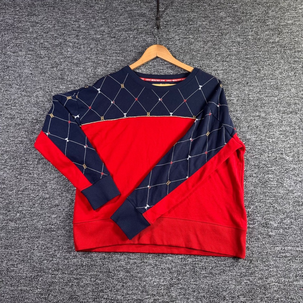 Tommy Hilfiger Sport XL Sweatshirt Navy Red Colorblock Diamond Logo Pullover